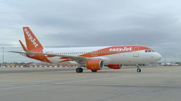 easyJet aircraft taxiing on runway at airport under cloudy sky