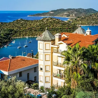 Coastal resort area near Antalya with sea and hillside buildings