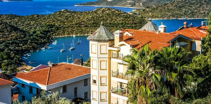 Coastal resort area near Antalya with sea and hillside buildings