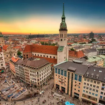 Munich city centre with historic buildings and church tower
