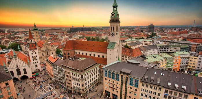 Munich city centre with historic buildings and church tower