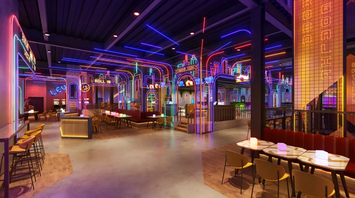 Neon-lit indoor entertainment venue with arcade and seating areas