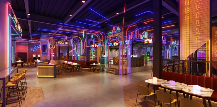 Neon-lit indoor entertainment venue with arcade and seating areas