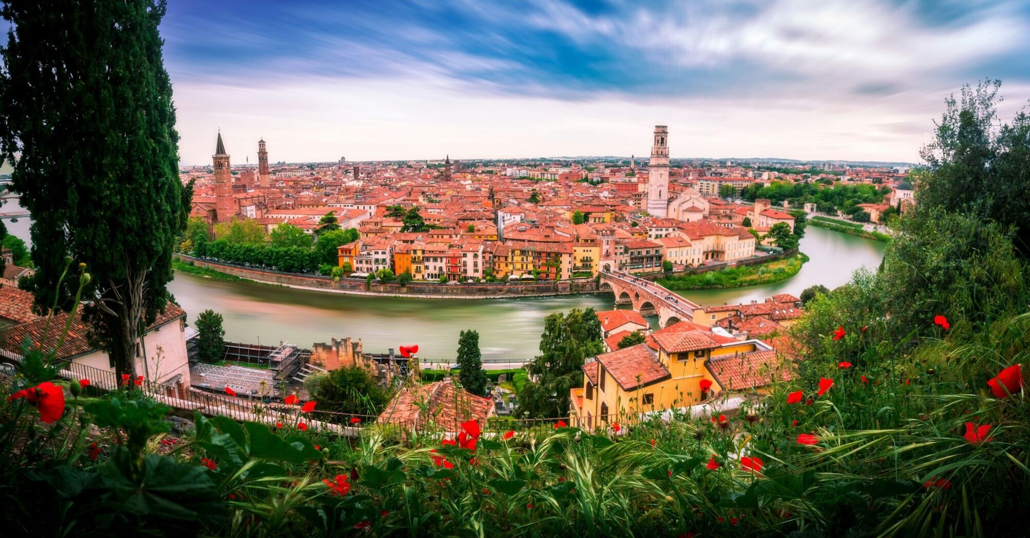 Panoramic view of Verona with Adige River and historic buildings