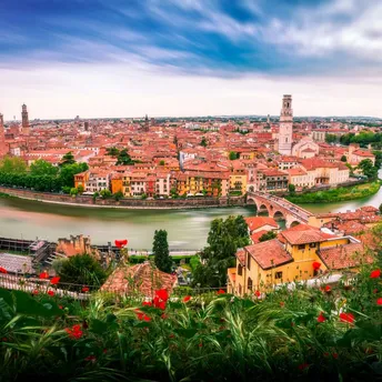 Panoramic view of Verona with Adige River and historic buildings