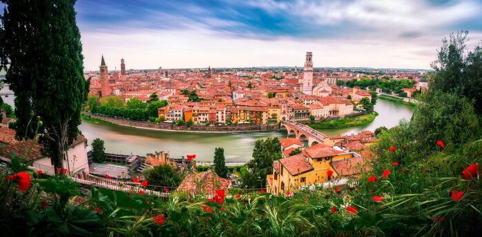 Panoramic view of Verona with Adige River and historic buildings