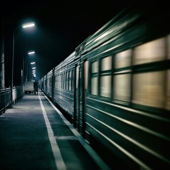 Night train arriving at station platform in the dark