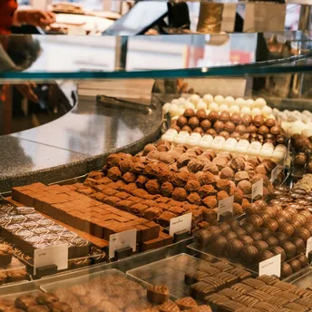 Display of assorted chocolates in confectionery shop
