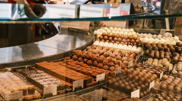 Display of assorted chocolates in confectionery shop