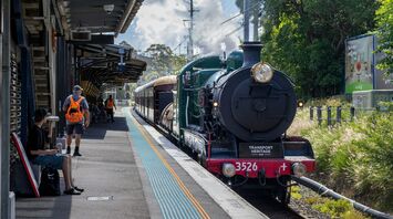 Vintage steam locomotive at small rural station platform