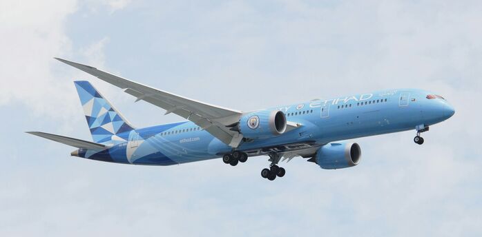 Etihad aircraft in special livery flying in cloudy sky