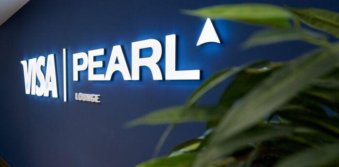 Visa Pearl Lounge sign interior detail