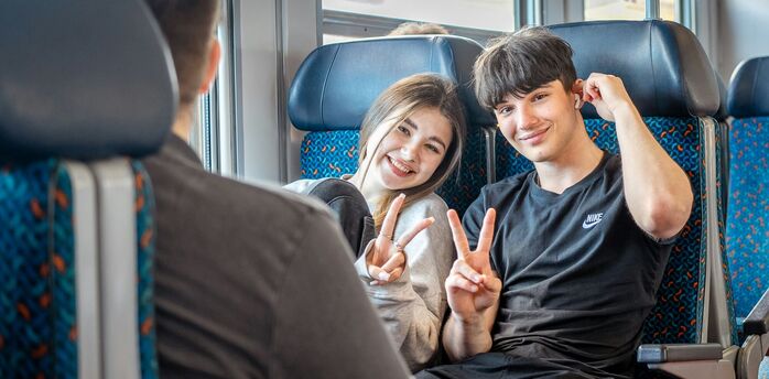 Young travellers sitting on train during journey