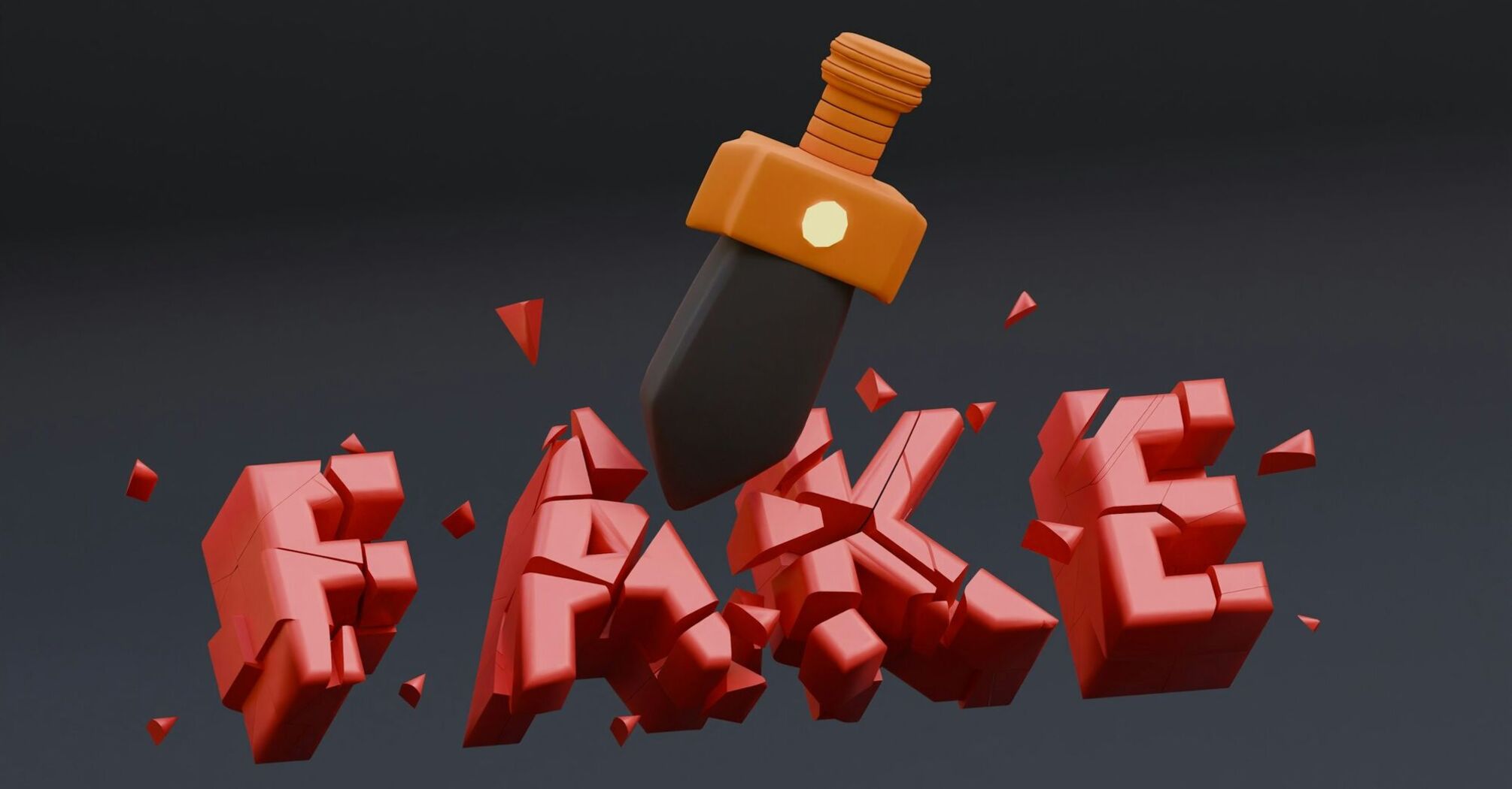 3D illustration of word fake being broken by dagger