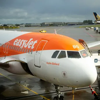 easyJet aircraft parked at airport stand with ground crew and boarding stairs