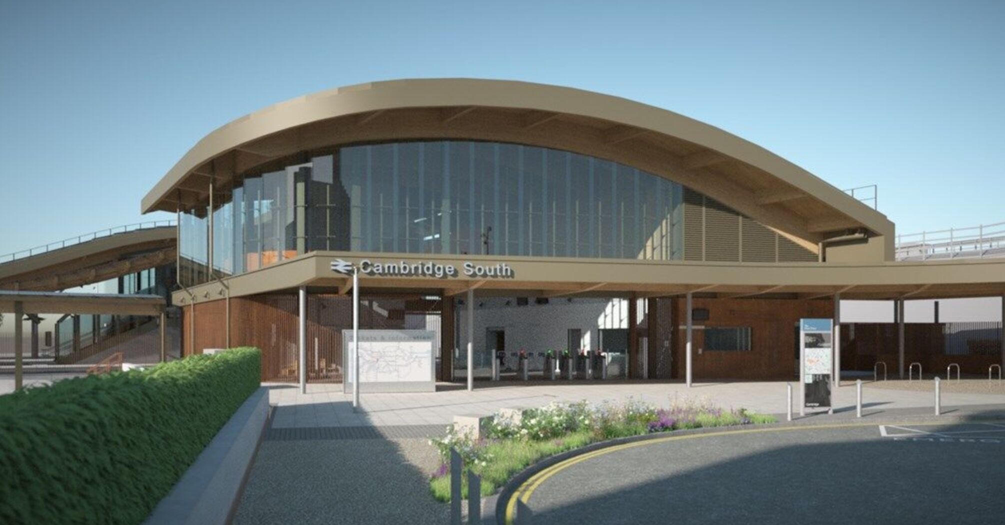 Cambridge South station entrance with curved roof