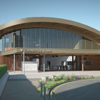 Cambridge South station entrance with curved roof