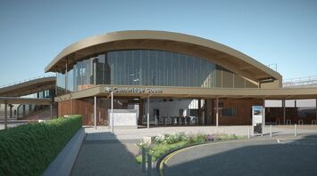 Cambridge South station entrance with curved roof
