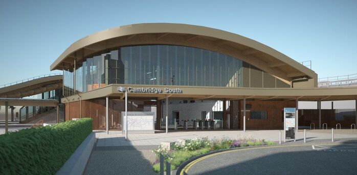 Cambridge South station entrance with curved roof