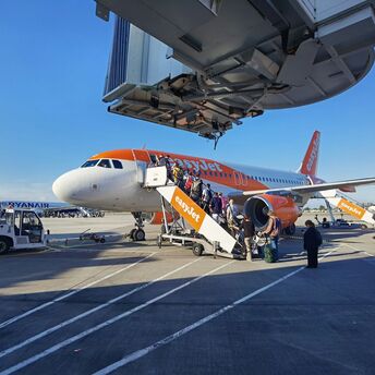 Passengers boarding an easyJet aircraft