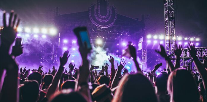 Festival crowd facing a purple-lit stage