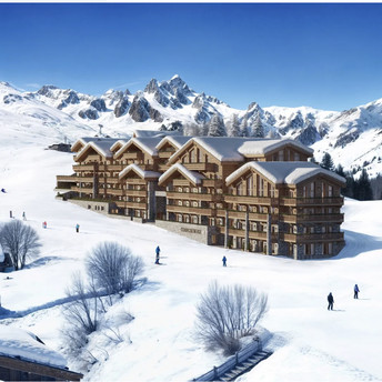 Alpine hotel surrounded by snowy Courchevel slopes
