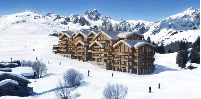 Alpine hotel surrounded by snowy Courchevel slopes