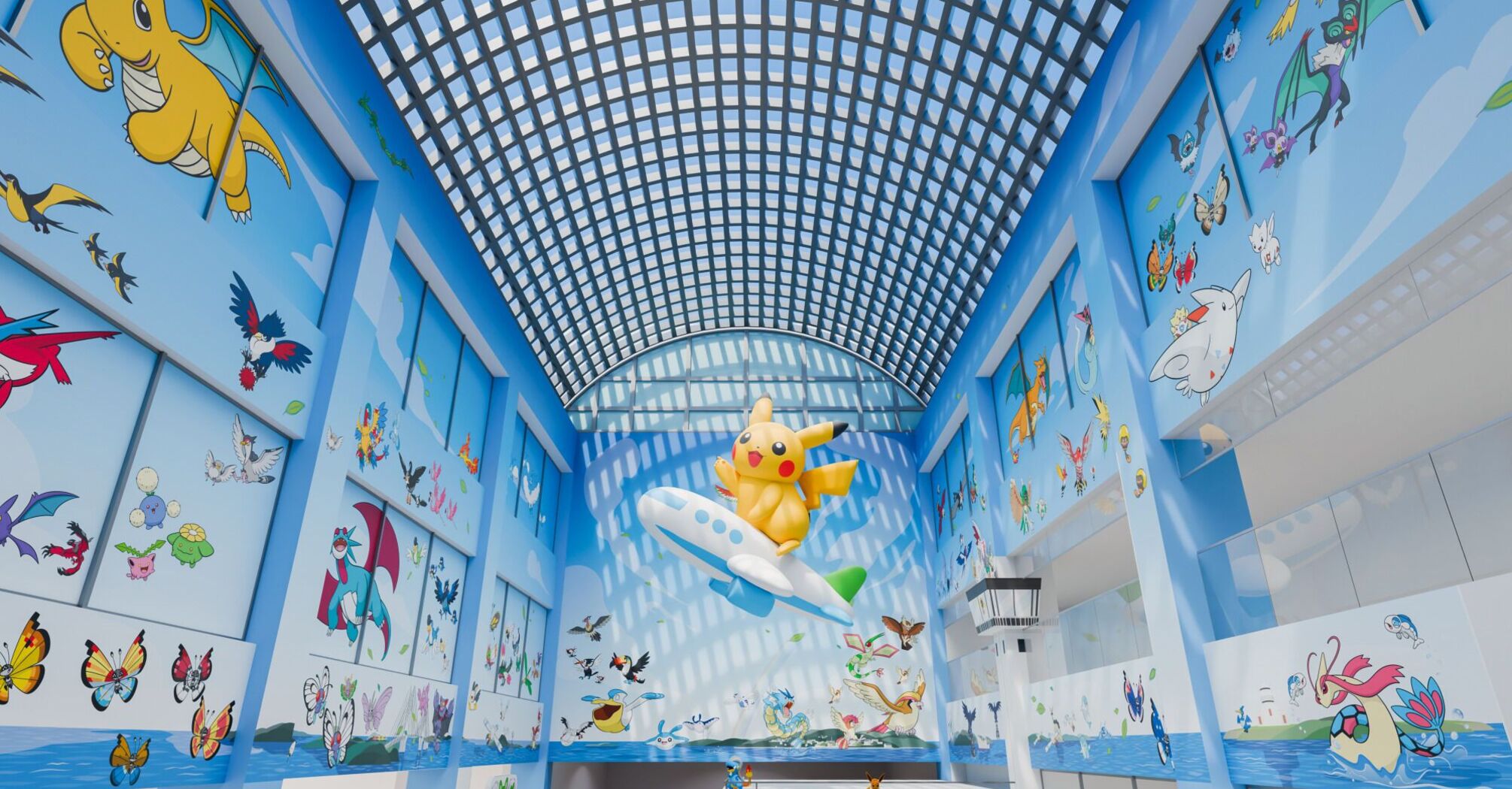 Pokémon-themed airport atrium with Pikachu on a plane