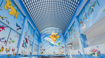Pokémon-themed airport atrium with Pikachu on a plane