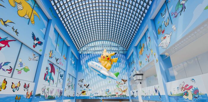 Pokémon-themed airport atrium with Pikachu on a plane