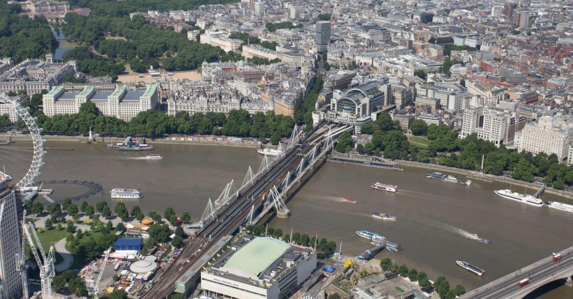 Aerial view of Charing Cross station and Hungerford Bridge in London