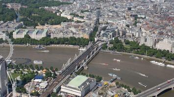 Aerial view of Charing Cross station and Hungerford Bridge in London