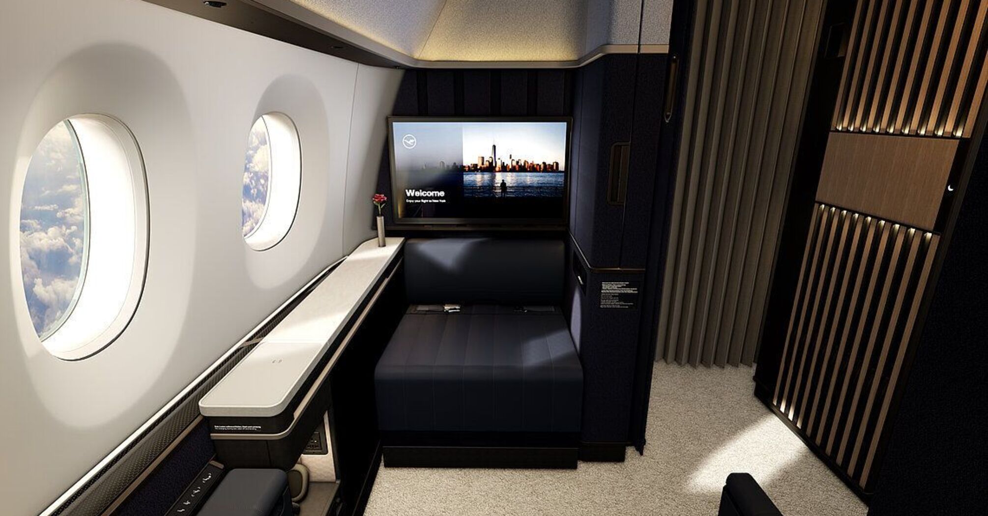 Lufthansa Allegris First Class suite with private seating and large screen