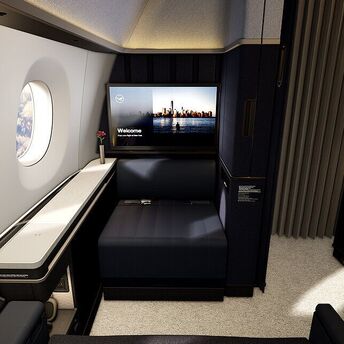 Lufthansa Allegris First Class suite with private seating and large screen