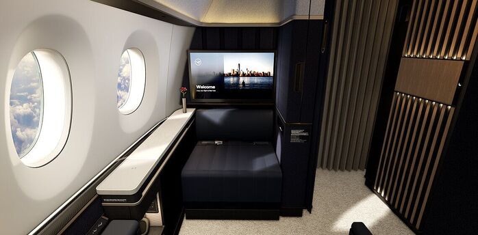 Lufthansa Allegris First Class suite with private seating and large screen