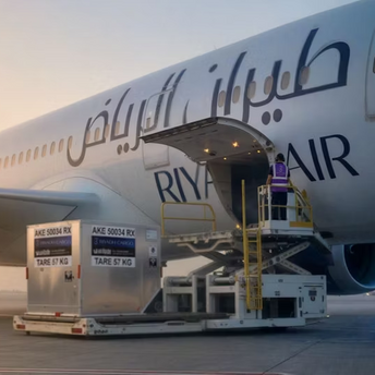 Riyadh Air aircraft being serviced on the airport tarmac