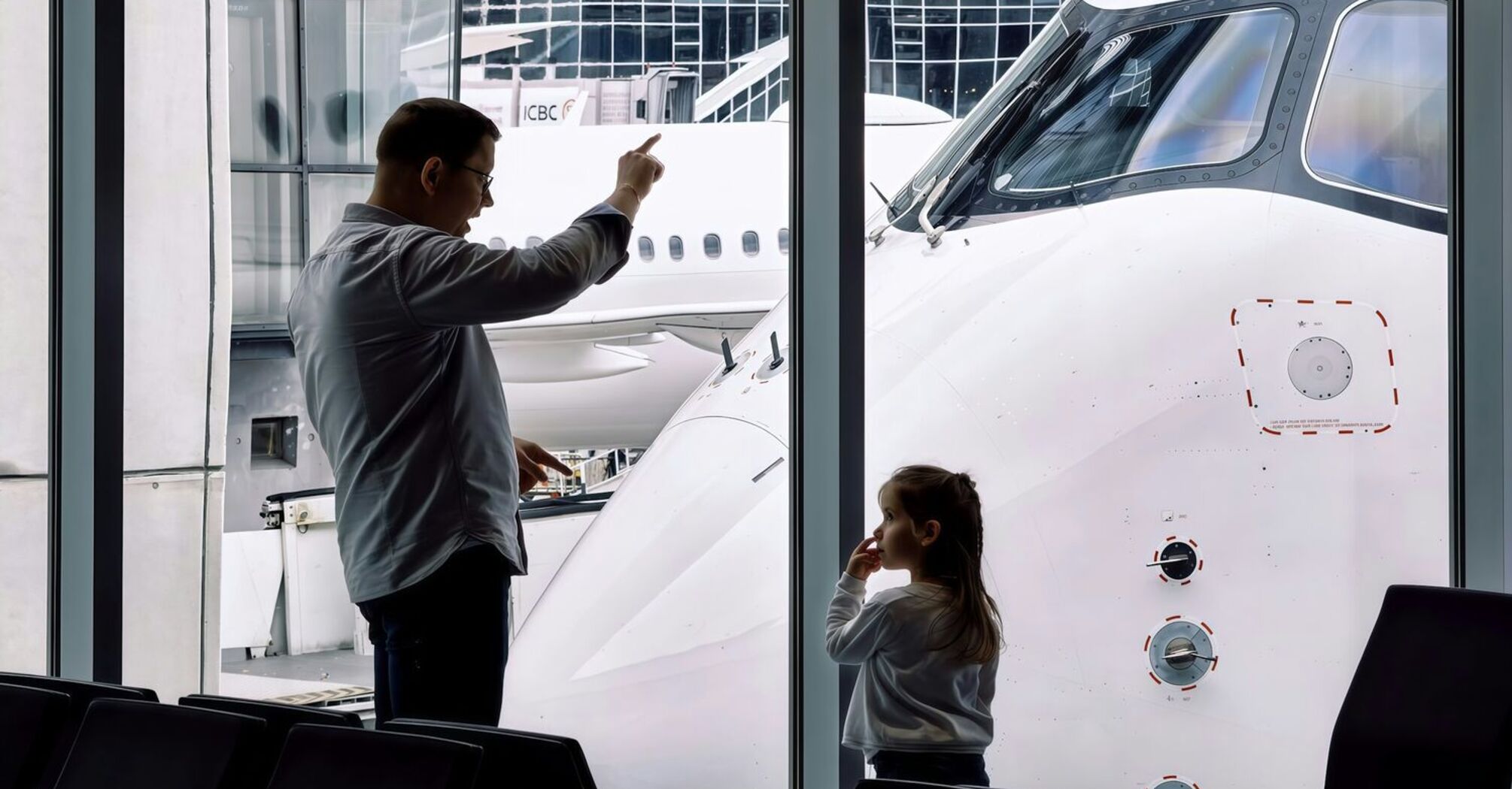 Family watching an aircraft from an airport terminal