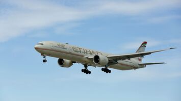 Etihad Airways aircraft flying against a blue sky