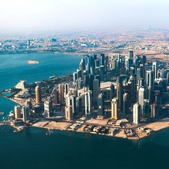 Aerial view of Doha’s waterfront skyline and bay