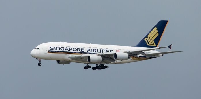 Singapore Airlines aircraft flying in grey sky