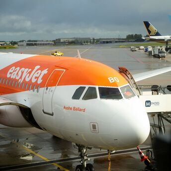 easyJet aircraft parked at an airport gate