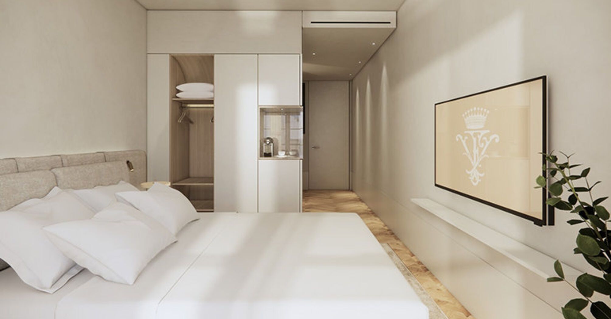 Design rendering of a minimalist hotel bedroom
