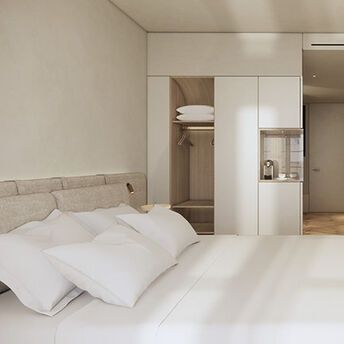 Design rendering of a minimalist hotel bedroom