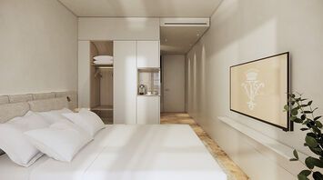 Design rendering of a minimalist hotel bedroom