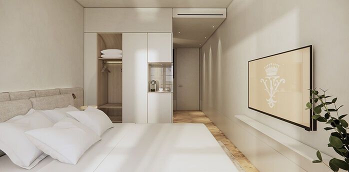 Design rendering of a minimalist hotel bedroom