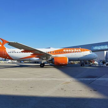 easyJet aircraft parked at an airport gate