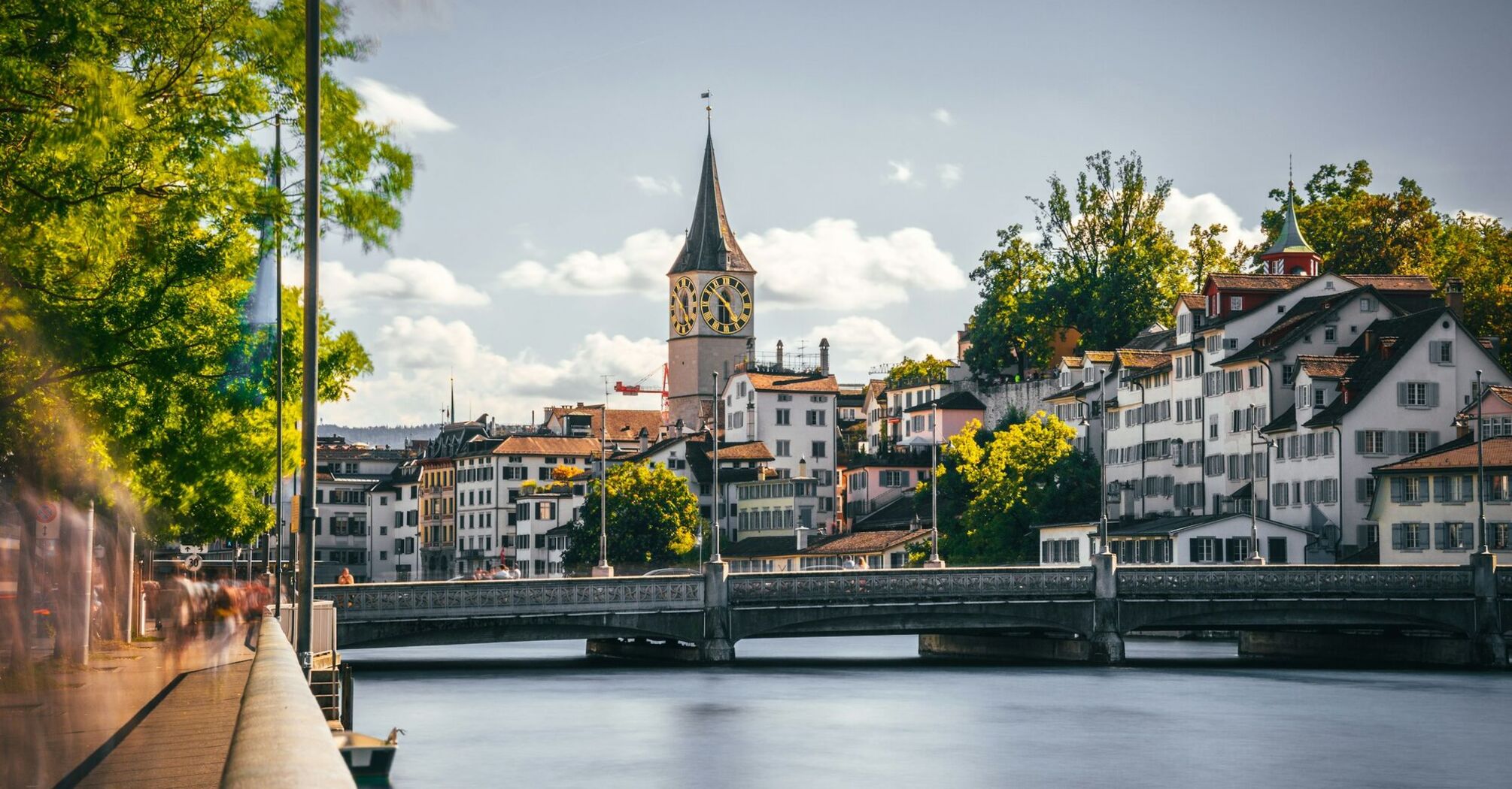 Zurich old town skyline with church towers and Limmat River