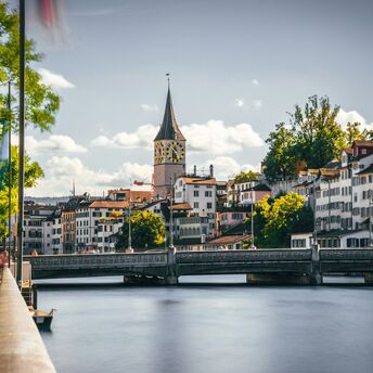 Zurich old town skyline with church towers and Limmat River