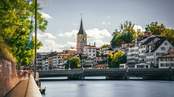 Zurich old town skyline with church towers and Limmat River