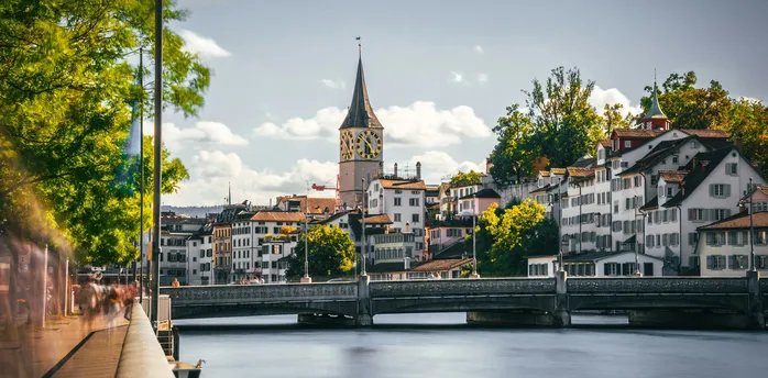 Zurich old town skyline with church towers and Limmat River